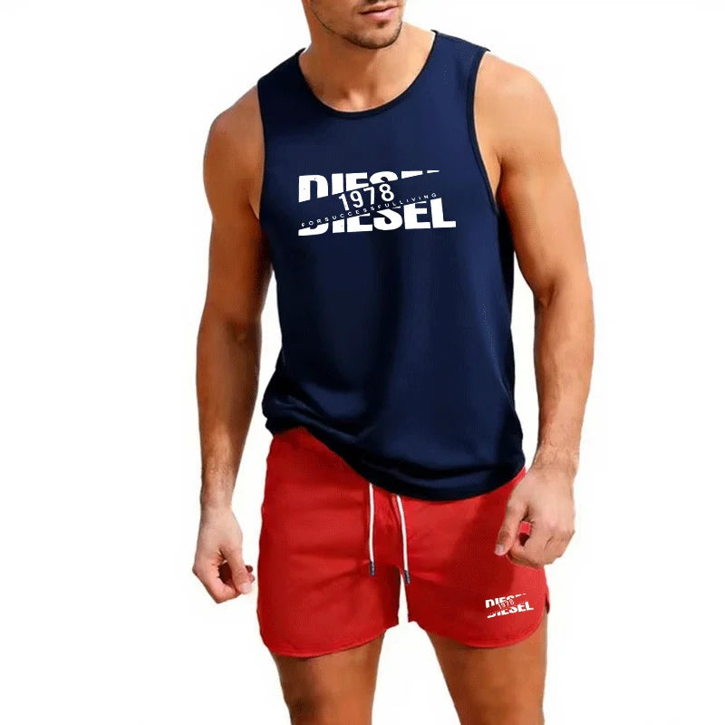 Summer Casual Trendy Tank Set Outdoor Jogging Basketball Training Sportswear European Size Vest+Beach Shorts Men's 2-piece